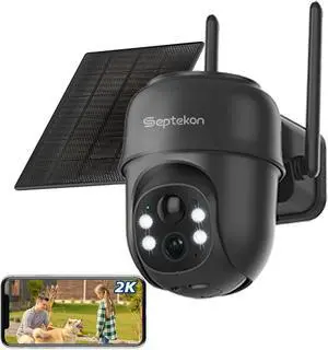 Septekon 2K Solar Security Cameras Wireless Outdoor, 360°PTZ Battery Powered Outdoor Camera, 2.4G WiFi Camera with Spotlight Color Night Vision, Motion Sensor Alarm, IP66, Black