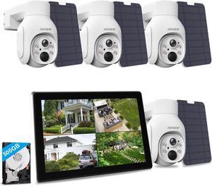Solar Wireless Security Camera System with 10" LCD Monitor, 4PCS 4MP PTZ WiFi Battery Powered Cameras Outdoor, 10CH Expandable NVR, 500GB HDD, PIR Human Detection, 2-Way Audio, Work with Alexa