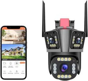 4MP WiFi PTZ Camera with Outdoor Triple Lens and 64G Memory Card for Home Security, Featuring Automatic Tracking, Intelligent Artificial Intelligence Alarm, and Color Night Vision