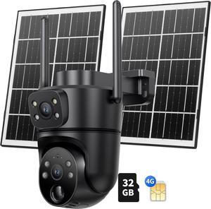 4G LTE Cellular Solar Security Camera Wireless Outdoor, W/Changeable SIM Card&32GB SD Card, PTZ 360° No Wifi Security Camera,Auto Tracking& Spotlight Alarm, Color Night Vision, Two-Way Audio