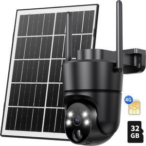 4G LTE Cellular Solar Security Camera Wireless Outdoor, W/Changeable SIM Card&32GB SD Card, PTZ 360° No Wifi Security Camera,Auto Tracking& Spotlight Alarm, Color Night Vision, Two-Way Audio