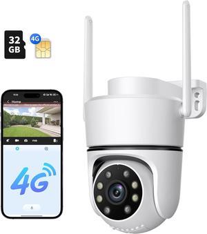 4G LTE Cellular Security Camera Wireless Outdoor, W/Changeable SIM Card & 32GB SD Card, PTZ 360° No WiFi Security Camera, Auto Tracking & Spotlight Alarm, Color Night Vision, Two-Way Audio