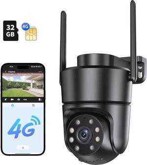 4G LTE Cellular Security Camera Wireless Outdoor, W/Changeable SIM Card & 32GB SD Card, PTZ 360° No WiFi Security Camera, Auto Tracking & Spotlight Alarm, Color Night Vision, Two-Way Audio