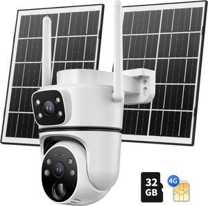 4G LTE Cellular Solar Security Camera Wireless Outdoor, W/Changeable SIM Card&32GB SD Card, PTZ 360° No Wifi Security Camera,Auto Tracking& Spotlight Alarm, Color Night Vision, Two-Way Audio