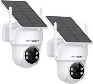 Solar Security Camera Outdoor Wireless, 2.4GHz WiFi Cameras for Home Surveillance with Fixed Solar Panel, Battery Powered 360°PTZ, PIR Motion Detection, 2K Color Night Vision, 2 Pack