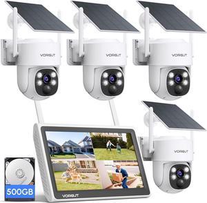 Solar Security Camera System, 10" LCD Monitor 10CH WLAN NVR with 500GB HDD, 4X 4MP PTZ WiFi Battery Powered Surveillance Camera,Outdoor Solar Wireless CCTV Kits,PIR Human Detection/2-Way Talk