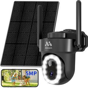 Allesin Solar Security Camera Wireless Outdoor, 5MP Sloar Cameras for Home Security with 14LEDs Spotlight Color Night Vision, 2.4GHz WiFi, IP65, AI Human Detection, 2-Way Talk, Cloud/SD Storage, Black