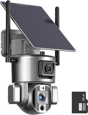 New 4K Security Cameras Wireless Outdoor with Solar Panel Dual Lens Linkage Camera, 360 PTZ Camera w/Auto Tracking, PIR Motion Detection, 20X Zoom, Color Night Vision (WIFI Version (20X Zoom))