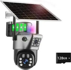 Solar Camera 4G Sim Outdoor Surveillance Dual Lens WiFi 8MP 4K PTZ Solar Panel 360 Wireless Security Protection IP Cameras(WiFi Cam Add 128G)