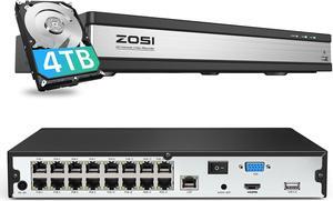 ZOSI 4K 16CH PoE NVR with 4TB Hard Drive, 16 Channel 8MP Surveillance Network Video Recorder for 24/7 Recording, Only Work with ZOSI 4K/5MP/4MP/3MP HD ZOSI PoE Security Camera