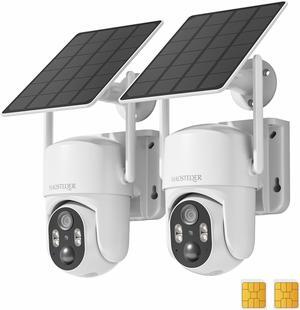 4G LTE Cellular Security Camera Outdoor, No WiFi Security Camera Solar Powered, 360° View Outdoor Security Camera Wireless, 2K Color Night Vision, Smart Motion Sensor, Built in SIM Card, 2 Pack