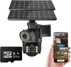 4G LTE Cellular Security Camera Dual Lens 360°PTZ 4K/8MP Solar Camera Outdoor Wireless Cameras for Home Security with 4G SIM Card (8MP 64g Card)