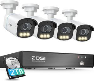 ZOSI C186 Aurora Lux True Color Night Vision 4K 8CH PoE Security Camera System, 4 X 5MP 3K IP Camera, 1 X 8CH 8MP PoE NVR for 24/7 Record, AI Human Vehicle Detect, Spotlight Siren, 2-Way Talk