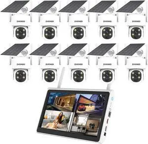 PTZ Security Cameras Wireless Outdoor Solar Powered with 10 inch Monitor, 10CH 2K Wirefree Security Camera System with 10 Cameras Pan Tile 360 View Two Way Audio Colar Night Vision 64G Storage