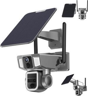 4K 4G/WiFi Wireless Outdoor Camera with Solar Panel Three Lens Linkage Camera, 360 PTZ Camera w/Auto Tracking, PIR Motion Detection, 10X Zoom, Color Night Vision (WiFi Version (10X Zoom))