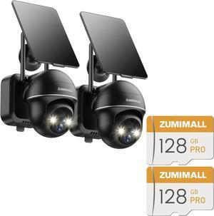 ZUMIMALL Solar Security Cameras Wireless Outdoor with 360° PTZ, 2 Packs Solar Powered Cameras for Home Security, 128GB SD Card Double- Perfect Storage Solution for Security Cameras