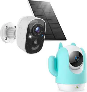 Solar Outdoor Camera & 2K PTZ Pet Camera with Phone App, Baby Monitor w/One-Touch Call, AI Motion Detection & Tracking, IR Night Vision, Cloud/SD Card Storage (2.4GHz Wi-Fi)