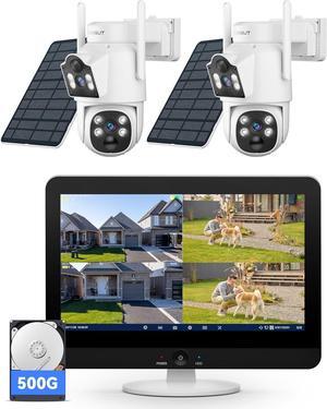 12'' Monitor NVR + 500G HDD, VORGUT Solar Camera Security Outdoor Wireless, 2pcs Dual Lens (3MP+3MP) Home Security Cameras System Outside Indoor, 16CH Monitor 2.4G/5G WiFi, 355 ° PTZ, Human Detection