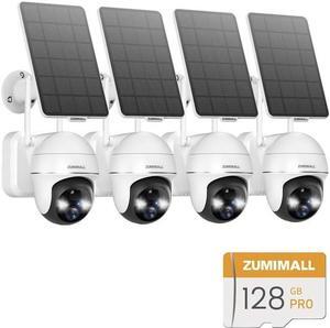 ZUMIMALL Security Cameras Wireless Outdoor - 4 Packs, 360° PTZ Outdoor Camera Wireless Solar Powered,2.4G WiFi, 128GB SD Card - Perfect Storage Solution for Security Cameras