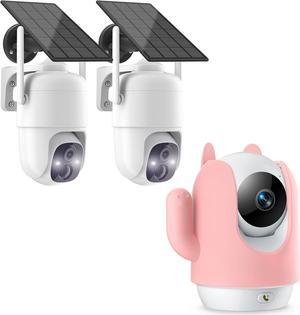 Solar PTZ Outdoor Camera 2 Pack & 2K PTZ Pet Camera Pink, Baby Monitor w/One-Touch Call, AI Motion Detection & Tracking, IR Night Vision, Cloud/SD Card Storage (2.4GHz Wi-Fi)