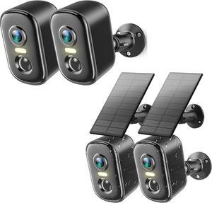 2 Pack Battery Powered Security Camera & 2 Pack Solar Security Cameras Wireless Outdoor, WiFi Cameras for Home with AI Motion Detection, Spotlight Color Night Vision, 2-Way Talk, Siren Alarm, IP65