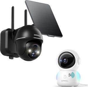 ZUMIMALL Solar Security Cameras Wireless Outdoor with 360° PTZ, 5G/2.4G WiFi Baby Monitor with Camera and Audio, 2K Wired Pet Camera for Home Security, One-Click Call, Auto Tracking, Cry/PIR/AI Detect