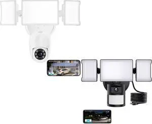 Olafus Floodlight Camera Outdoor, 2 PCS 2K Smart Security Cam, 55W 5500LM Outside Flood Light Wired, Exterior Motion Sensor LED Light Fixture with 360° Pan & Tilt, Color Night Vision for House Yard