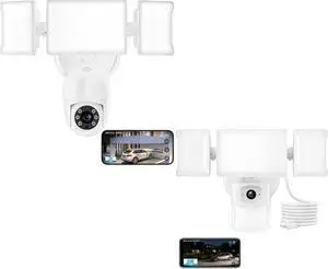 Olafus Floodlight Camera Outdoor, 2 Pcs 2K Smart Security Cam, 55W 5500LM Outside Flood Light Wired, Exterior Motion Sensor LED Light Fixture with 360° Pan & Tilt, Color Night Vision for House