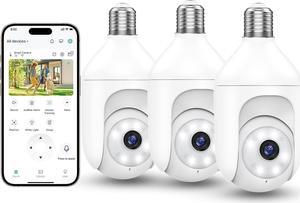 3Packs 2K Bulb Security Cameras Wireless Outdoor Indoor, 2.4GHz WiFi Cameras for Home Security with Spotlight, Color Night Vision, Motion Detection, 2-Way Audio, Audible Alarm