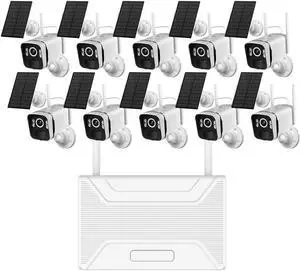 Gadpiparty Solar Security Cameras Outdoor Wireless - 100% Wire-Free Battery Powerd Security Camera System - 2K 10CH 10 Cameras Set- 2-Way Audio -Color Night Vision IP66-64GB TF Card - No Monthly Fee