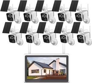 2K Solar Security Cameras Wireless Outdoor WiFi with 10" Monitor, 10CH 4MP Wire-Free Camera System, 10PC Battery Powered Security Cameras for Home Security, Waterproof, Floodlight, 64G Storage