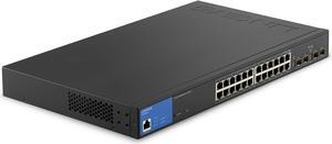 Linksys 24 Port Gigabit Managed Network Switch with 4 x 1Gb Uplink SFP Slots - PoE / PoE+ Ports, QoS, Static Routing, VLAN, IGMP Features - Metal Housing, Desktop or Wall Mount - LGS328PC