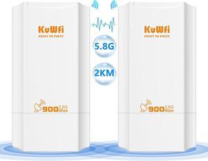 KuWFi 5.8G 2KM Point to Point Wireless Bridge for Outdoor use can Extend The Range of Starlink Router Signal with a 100Mbps Ethernet Bridge 2-Pack pre-configured for WiFi Coverage and CCTV Projects