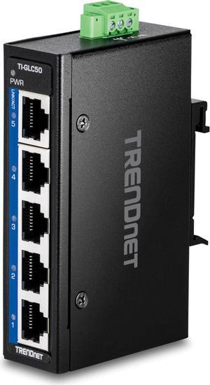 TRENDnet 5-Port Industrial Gigabit DIN-Rail Mini Switch, TI-GLC50, 5 x Gigabit Ports, Extreme Temperature IP30 Rated, 10Gbps Switch Capacity, Black