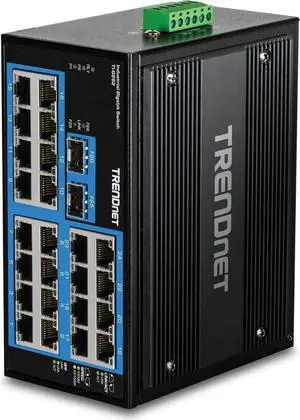 TRENDnet 26-Port Hardened Industrial Gigabit DIN-Rail Switch, TI-G262, 24 x Gigabit Ports, 2 x Gigabit SFP Ports, 52Gbps Switching Capacity, Lifetime Protection, Black