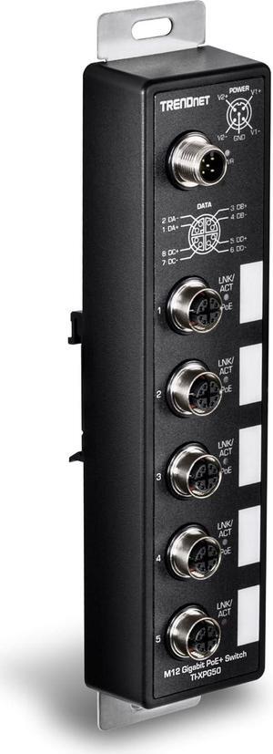 TRENDnet 5-Port Industrial EN50155 M12 Gigabit PoE+ Railway Switch, TI-XPG50, 4 x M12 (X-Code) Gigabit PoE+ Ports, 1 x M12 (X-Code) Gigabit Port, 1 x M12 (A-Code) Power Port, Black