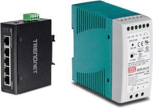 TRENDnet 5-Port Industrial Unmanaged Fast Ethernet DIN-Rail Switch, 5 x Fast Ethernet Ports, IP30 & 60 W Single Output Industrial DIN-Rail Power Supply, Universal AC Input