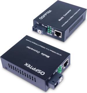QSFPTEK A Pair 1.25G/s Bidi Gigabit Media Converter, 10/100/1000Base-Tx to 1000Base-FX Fiber Ethernet Coverter, Singlemode SC Bidi Transceiver TX1310nm/TX1550nm, 10Km