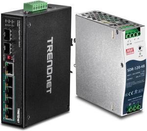 TRENDnet 6-Port Hardened Industrial Gigabit PoE+ DIN-Rail Switch, Black, TI-PG62 & 120 W Single Output Industrial DIN-Rail Power Supply, Extreme -25 to 70 °C (-13 to 158 °F) Silver, TI-S12048