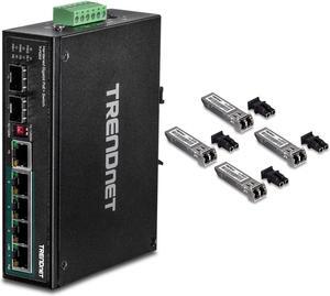 TRENDnet 6-Port Hardened Industrial Gigabit PoE+ DIN-Rail Switch, 4 x Gigabit PoE+ Ports & SFP Multi-Mode LC Module 4-Pack, TEG-MGBSX/4, Transmission Up to 550m (1804 Ft), Mini-GBIC