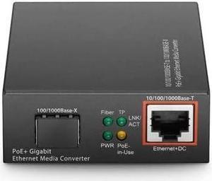 QSFPTEK 1G Gigabit Ethernet PoE+ Media Converter, Fiber to Ethernet Converter with 1x 10/100/1000Base-T to 1x 100/1000Base-X SFP Slot, AC 100V~240V or DC 5~12V Optional