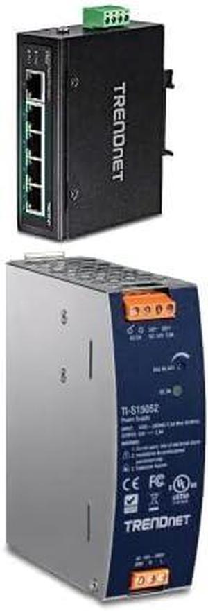 TRENDnet Bundle 5-Port Hardened Industrial Unmanaged Gigabit Switch TI-PG50, 150W 52V DC 2.89A AC to DC DIN-Rail Industrial Power Supply TI-S15052