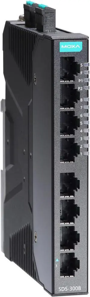 Moxa SDS-3008 , Compact Industrial Smart Ethernet Switch with 8 10/100BaseT(X) Ports, Dual 12/24/48 VDC Power inputs, -10 to 60°C Operating Temperature