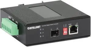 Intellinet Industrial Gigabit Ethernet Media Converter, Metal Housing, Autonegotiation, 10/100/1000Base-TX to SFP, 75 mi, IP40-rated, DIN-Rail, 2 DC inputs, 3 Yr Mfg Warranty, 508971