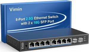 8 Port 2.5G Unmanaged Switch with 2x10G SFP, VIMIN 10-Port 2.5G Base-T Ports with 80Gbps Switching Capacity, Compatible 10/100/1000Mbps Network, One-Key VLAN, Metal Housing, Fanless, for Desktop