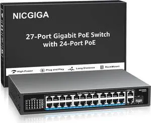 NICGIGA 24-Port Gigabit PoE Switch with 24 PoE+@300W, 2 Gigabit Uplink Ports, 1 SFP, Sturdy Metal for Desktop/Rack Mount, Plug and Play, Unmanaged Power Over Ethernet Switch