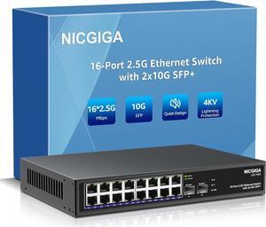 16 Port 2.5G  2 Port 10G SFP+ Ethernet Switch, NICGIGA 18 Port 2.5Gb Network Switch Unmanaged, Plug & Play, Desktop or 19-inch Rack Mount, Fanless Metal Design.