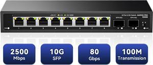 10 Port 2.5Gb Unmanaged Ethernet Switch with 8* 2.5G Base-T Ports, 2*10G SFP Ports, AUMOX PRO 80 Gbps Vlan Switching Capacity Compatible with 100/1000/2500Mbps for Wireless AP, NAS, PC Plug and Play