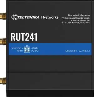 Teltonika RUT241098000 Model RUT241 Industrial Cellular Router; 4G and 3G Connectivity; for use in North America; Compatible with Verizon, AT&T, and T-Mobile; WAN Failover with Auto Switching