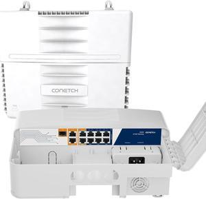 8 Port Outdoor PoE Switch with 2 Uplink & 1 SFP, IP65 Waterproof, 100/1000Mbps Mixed, Unmanaged, 120W Built-in Power, IEEE802.3af/at/bt, 6KV Lightning Protection, Plug & Play, All-in-one Box